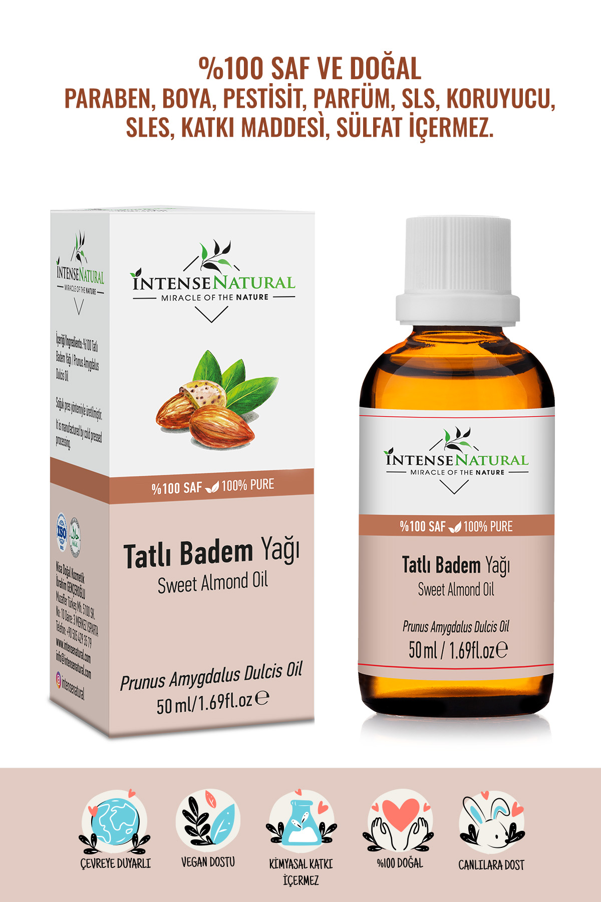 Badem Yağı Tatlı 50 ml %100 Saf Doğal Soğuk Sıkım Bitkisel Sabit Taşıyıcı Sweet Almond Oil
